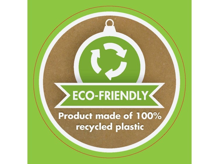 Umweltfreundliches Produktzeichen aus 100 Prozent recyceltem Kunststoff.