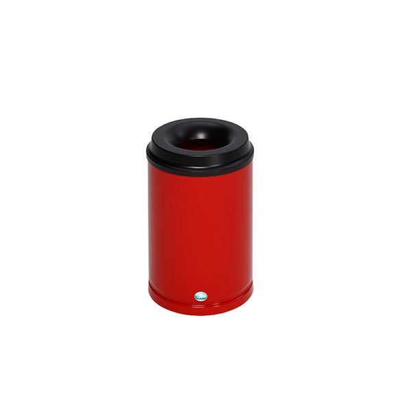Roter zylindrischer Abfalleimer aus Metall mit schwarzem Trichterdeckel und VAR Logo.