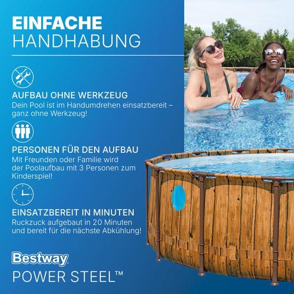 Bestway Power Steel Pool in Holzoptik: Aufbau ohne Werkzeug, für 3 Personen, bereit in 20 Minuten. Bestway Logo.