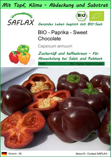 SAFLAX Garden to go - BIO - Paprika - Sweet Chocolate - Capsicum annuum - 10 Samen - Mit Topf, Klima - Deckel und Anzuchtsubstrat
