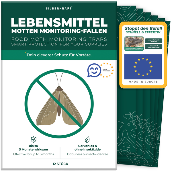 Silberkraft Lebensmittel Motten Monitoring Fallen mit 12 Klebefallen zur Bekämpfung von Lebensmittelmotten ohne Insektizide, wirksam bis 3 Monate.