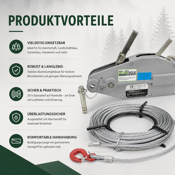 Trutzholm Greifzug mit 20 Meter Drahtseil und Lasthaken für Forstwirtschaft und Handwerk mit Produktvorteilen in der Übersicht.