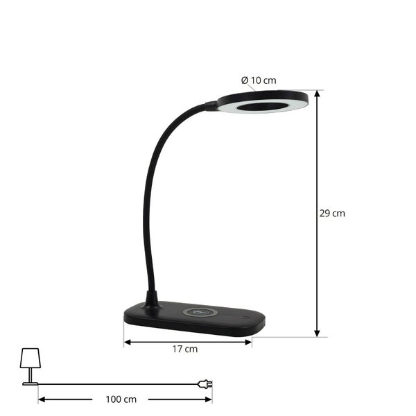 Schwarze LED-Schreibtischleuchte mit flexiblem Hals und ringförmigem Kopf.