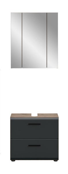 Badezimmermöbel Set mit dunkelgrauem Waschtischunterschrank, zwei Schubladen, Platte in Holzoptik und dreitürigem Spiegelschrank.
