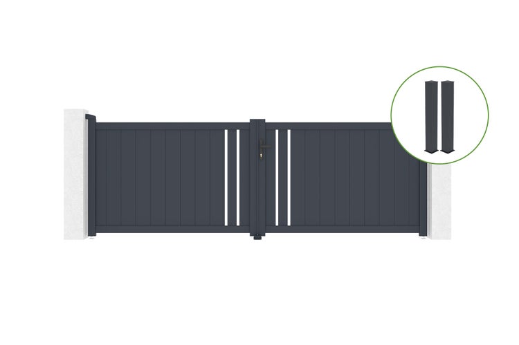 Flügeltor 3,5 m GIONA H.120 cm graues Aluminium + 2 Pfosten 20 x 20 cm H. 166 cm