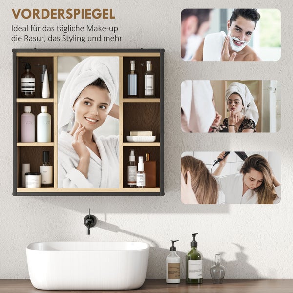 Badezimmerspiegel mit Holzregalen und schwarzem Rahmen über einem Waschbecken, ideal für die tägliche Körperpflege wie Rasur und Make-up.