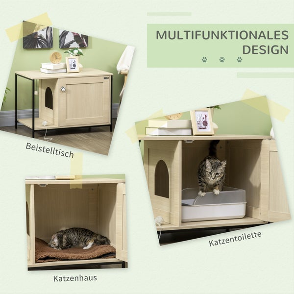 Katzenschrank in Holzoptik mit Metallgestell, katzenförmigem Eingang, Pfotengriff und Innenraum für eine Katzentoilette.