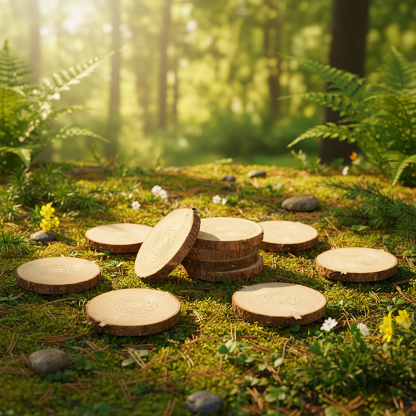 Dekorative Baumscheiben aus Naturholz auf einem hellen, moosigen Waldboden mit Farnen.