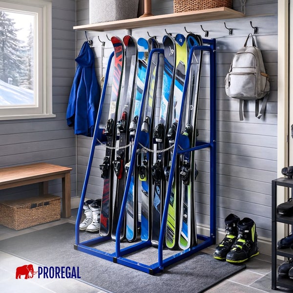 Blauer Skiständer aus Metall in einem organisierten Skiraum mit mehreren Paar Skiern und Skischuhen. Proregal Logo.