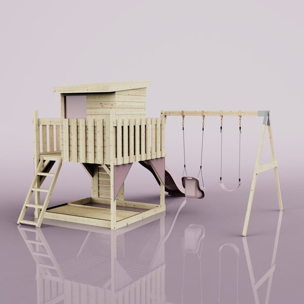 Spielturm aus Holz mit Rutsche, Leiter, Sandkasten und Schaukelgestell mit zwei Schaukeln.