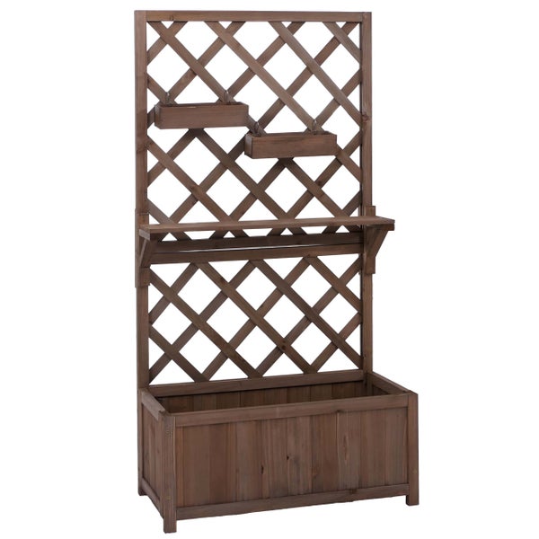 Rankgitter aus Holz mit Pflanzkasten und zwei kleinen Ablagen für Kletterpflanzen.