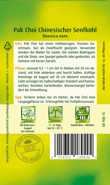 Rückseite der Samenpackung für Pak Choi Chinesischer Senfkohl mit Anbauhinweisen, Aussaatzeit von Juni bis August und Erntezeit im Herbst.