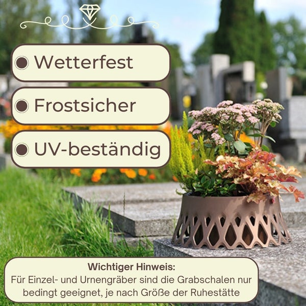 Informationen zu wetterfest, frostsicher und UV-beständig für Grabschalen