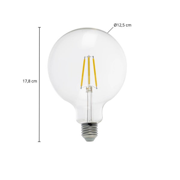 LED-Filament-Globelampe aus klarem Glas, Höhe 17,8 Zentimeter, Durchmesser 12,5 Zentimeter.