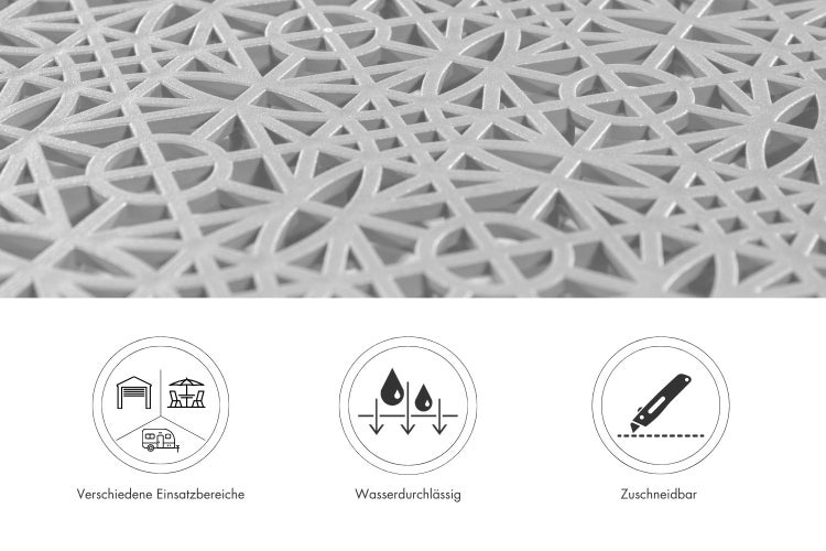 Kunststoff Bodenmatte mit geometrischem Muster für verschiedene Einsatzbereiche, wasserdurchlässig und individuell zuschneidbar.