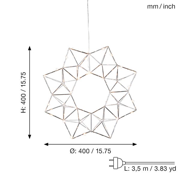 Dekorativer Stern mit den Maßen Höhe 400 Millimeter, Durchmesser 400 Millimeter und Kabellänge 3,5 Meter.