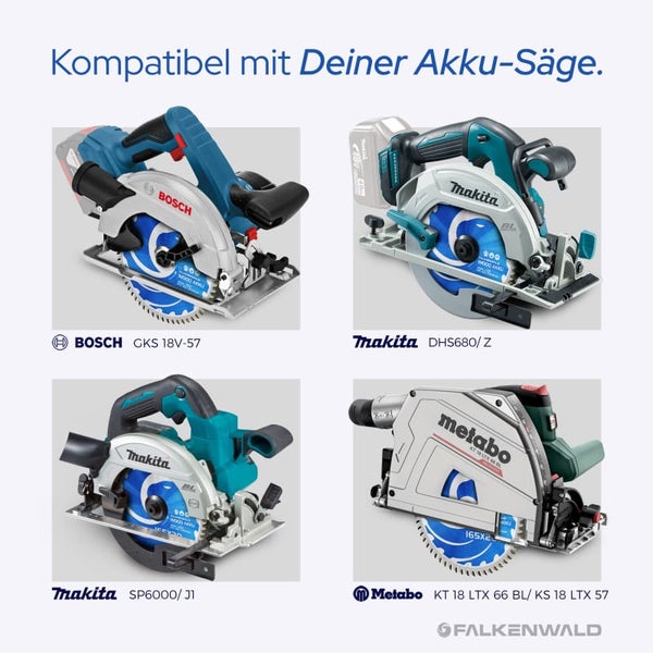 FALKENWALD® Akku Sägeblatt 165x20 Holz 60 Zähne - Kreissägeblatt 165x20 Akku - Kompatibel mit Makita Sägeblatt 165 DHS680RTJ, Makita SP 6000K1, Bosch GKT 55 GCE - 165x20 Sägeblatt