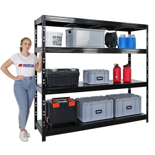 PROREGAL Profi Schwerlastregal Rhino HxBxT 180x200x60cm 4 Stahlplatten-Ebenen Fachlast 500kg Schwarz Stecksystem Lagerregal Regalsystem