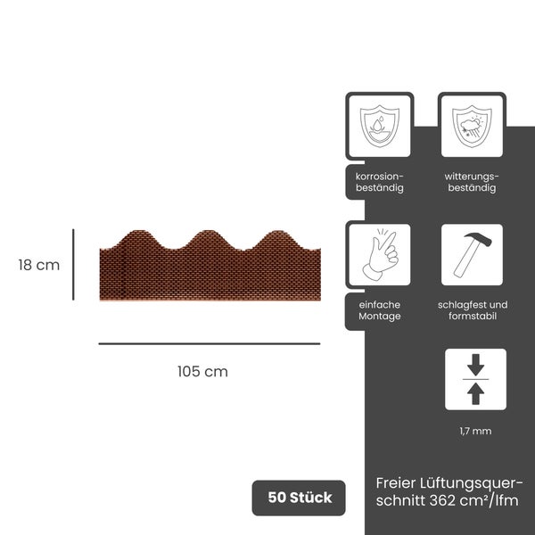 Braunes Traufenlüftungselement 105 mal 18 Zentimeter, 1,7 Millimeter, 50 Stück. Witterungsbeständig, 362 Quadratzentimeter Lüftungsquerschnitt.