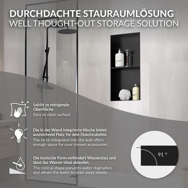 In die Wand integrierte schwarze Duschnische mit zwei Ebenen in heller, moderner Dusche; leicht zu reinigen, mit 91 Grad Neigung für Wasserablauf.