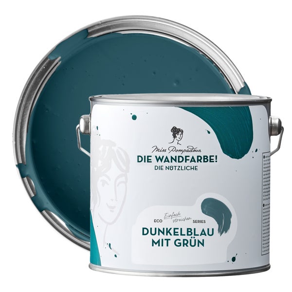 MissPompadour abwaschbare Wandfarbe 2.5L Dunkelblau mit Grün - hohe Deckkraft und Ergiebigkeit - matte, scheuerbeständige Innenfarbe - geruchsarm, wasserbasiert, atmungsaktiv - Die Nützliche