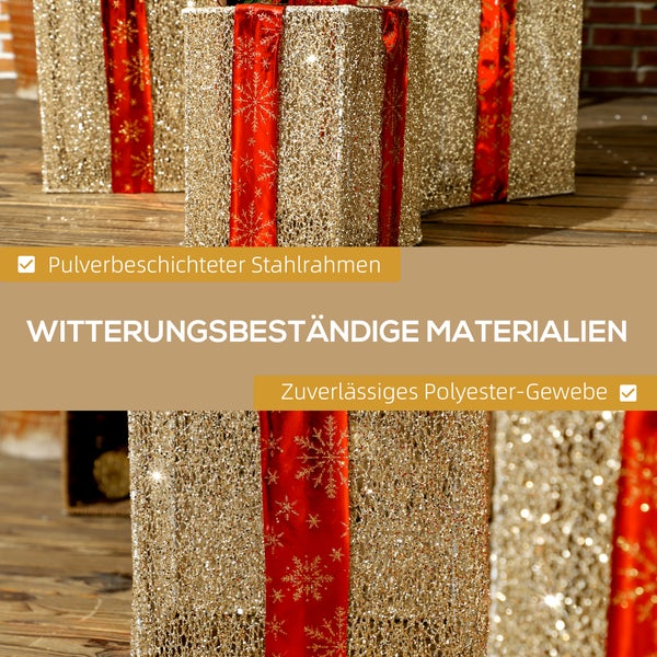 Witterungsbeständige Weihnachtsgeschenkboxen für außen mit pulverbeschichtetem Stahlrahmen und zuverlässigem Polyester-Gewebe.