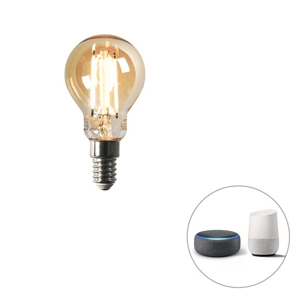 Smarte LED-Filament-Lampe mit E14-Sockel, kompatibel mit Sprachassistenten wie Amazon Alexa und Google Assistant.