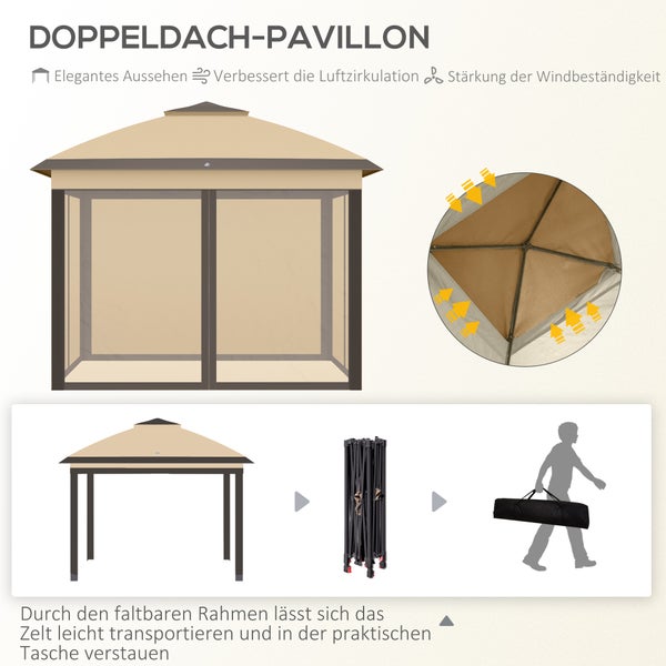 Outsunny Pavillon 3,3x3,3m, wasserabweisend Winterfest Pop-up Faltpavillon mit Doppeldach, UV Schutz, Faltbar Partyzelt Gartenzelt mit Seitenteilen, Tasche Gartenpavillon für Camping Garten, Beige