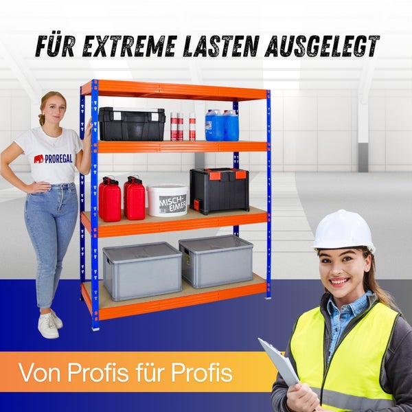 Organisiertes Schwerlastregal aus Metall, beladen mit Werkzeug und Boxen in einer hellen Lagerhalle mit Fachpersonal. Proregal Logo.