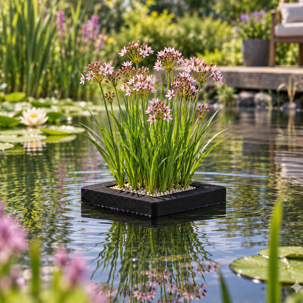 Blühende Wasserpflanze in einem quadratischen, schwarzen Schwimmring auf einem Gartenteich, umgeben von Seerosen und einer naturnahen Gartenkulisse.