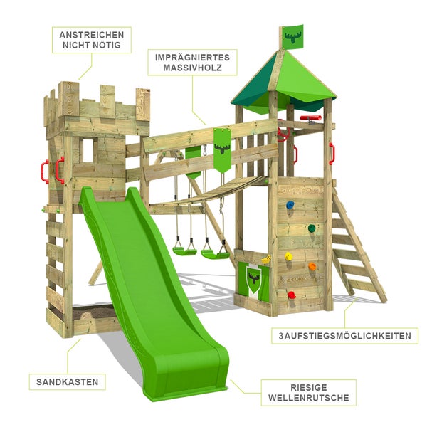 FATMOOSE Spielturm Ritterburg RiverRun mit Schaukel und Rutsche, Spielhaus mit Sandkasten, Leiter und Spiel-Zubehör – grün