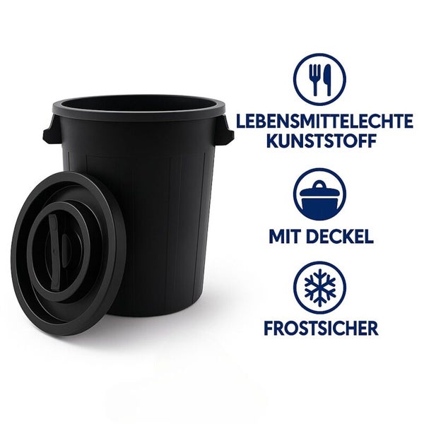 Schwarzer Kunststoffeimer mit Deckel, lebensmittelecht und frostsicher.