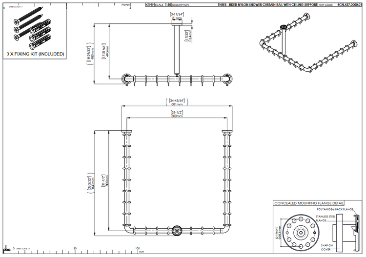 Technische Zeichnung einer dreiseitigen Duschvorhangstange aus Nylon mit Deckenhalterung, Maßangaben in Millimeter und Befestigungsmaterial.