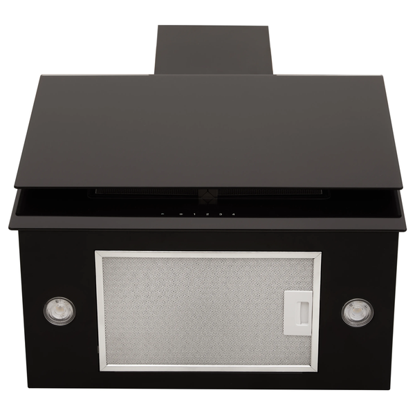 Schwarze Wand-Dunstabzugshaube mit flacher Glasfront, Metallfettfilter, LED-Beleuchtung und Bedienfeld.