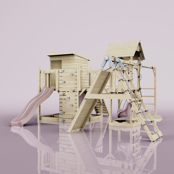 Spielplatzgerät aus Holz mit Rutsche, Kletterwand und Schaukel