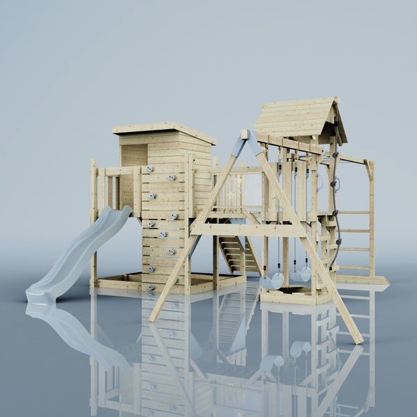 Holzspielplatz mit Rutsche, Schaukeln, Kletterwand und Spielhaus