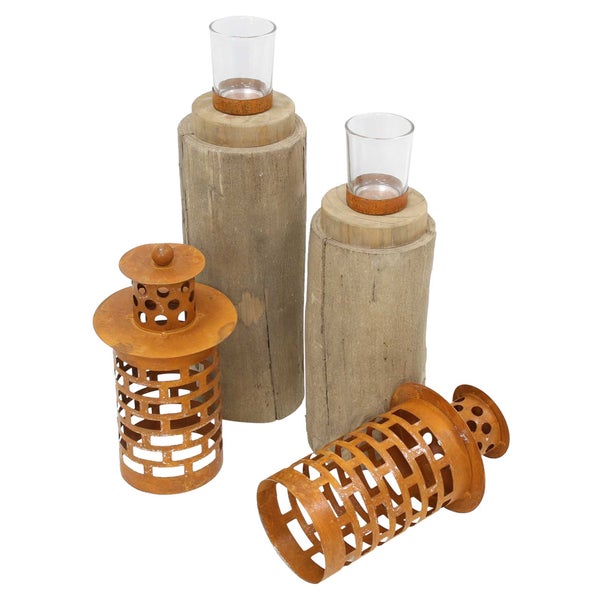 FRANK FLECHTWAREN | Windlicht Türmchen, 2er Set, HOLZ, METALL, GLAS, 9 x 9 x 43 cm, 11 x 11 x 50 cm