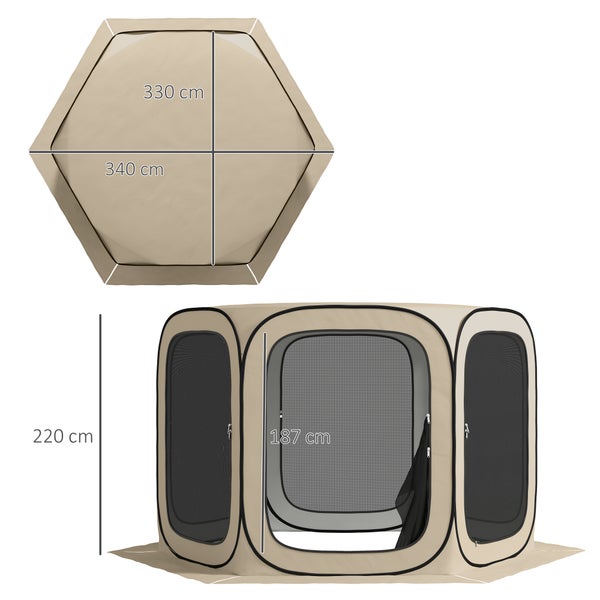 Outsunny Pop-up-Campingzelt Screen Tent klappbar Raumzelt mit Tragetasche, Mesh-Tür, Familienzelt Pavillon für 6 Personen, Camping, Garten, Terrasse, 340 x 300 x 220 cm, Khaki