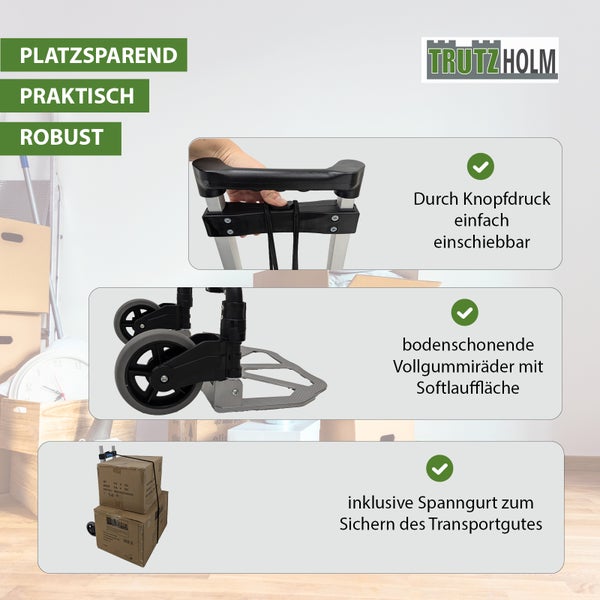 Trutzholm klappbare Sackkarre mit Knopfdruck teleskopierbarem Griff, bodenschonenden Vollgummirädern und integriertem Spanngurt.