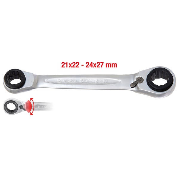 KS TOOLS 4 in 1 GEARplus umschaltbar Doppel-Ratschenringschlüssel 21 x 22 x 24 x 27 mm - 503.4553