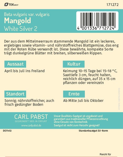 Rückseite einer Samentüte für Mangold White Silver 2 von Carl Pabst mit Informationen zu Aussaat, Kultur, Standort und Ernte.