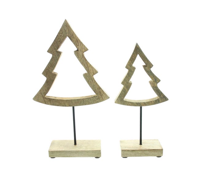 Zwei dekorative Holzbäume auf einem Ständer für die Weihnachtsdekoration