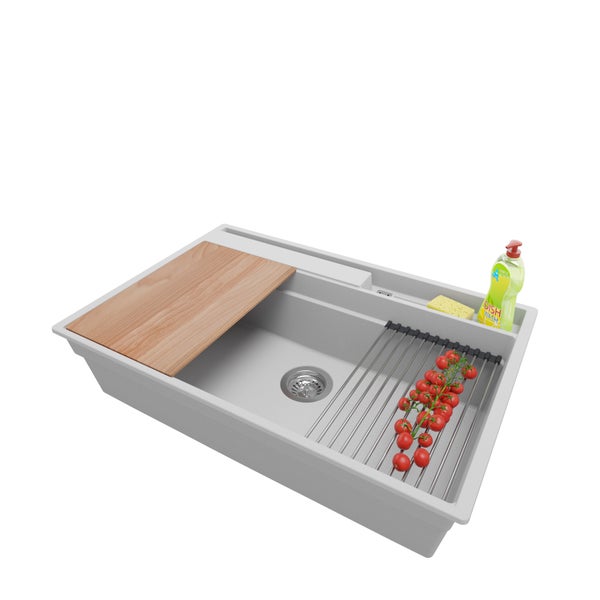 PRIMAGRAN Spülbecken Grau 78x53cm, Granitspüle 1 Becken + Ablauf-Set + Küchenzubehörset, Küchenspüle ab 80er Unterschrank - Oslo Pocket