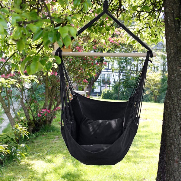 ECD Germany Hängesessel Anthrazit mit Gestell Weiß 208 cm, Hängestuhl Hängeschaukel aus Baumwolle mit 2 Kissen bis 120 kg, Freistehendes Hängesesselgestell Metall Hängestuhlgestell Hängesitz Ständer
