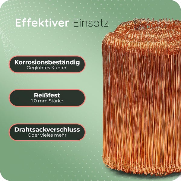 Bündel aus korrosionsbeständigem geglühtem Kupferdraht mit 1,0 Millimeter Stärke zur Verwendung als Drahtsackverschluss.