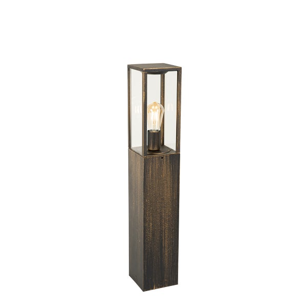 Eckige Außenstandleuchte aus Metall in antiker Bronze-Optik mit Glaseinsatz und sichtbarem Leuchtmittel.