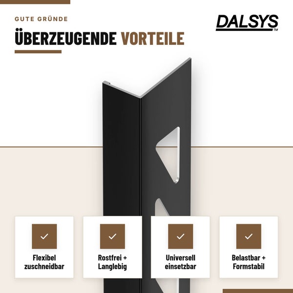 Dalsys Winkelschiene mit Vorteilen wie flexible Zuschneidbarkeit, Rostfreiheit, universelle Einsetzbarkeit, Belastbarkeit und Formstabilität.