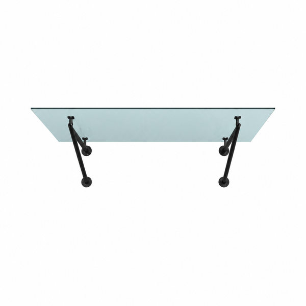 Glasvordach mit schwarzen Metallhalterungen für den Eingangsbereich.