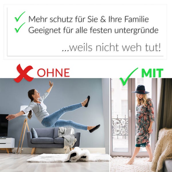 Vergleich einer Antirutschmatte für Teppiche. Links ein Sturz ohne Schutz, rechts sicheres Gehen mit Schutz auf festem Untergrund.