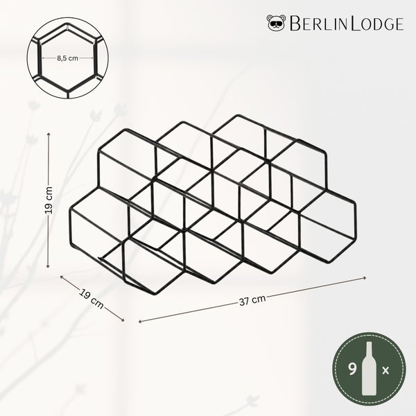 Berlin Lodge Weinregal im Wabendesign mit Maßen: 37 Zentimeter Breite, 19 Zentimeter Höhe, 19 Zentimeter Tiefe. Platz für 9 Flaschen.